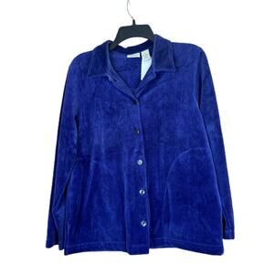 Classic Elements Women Petite Velour Blue Button-Up Sweater Size Small